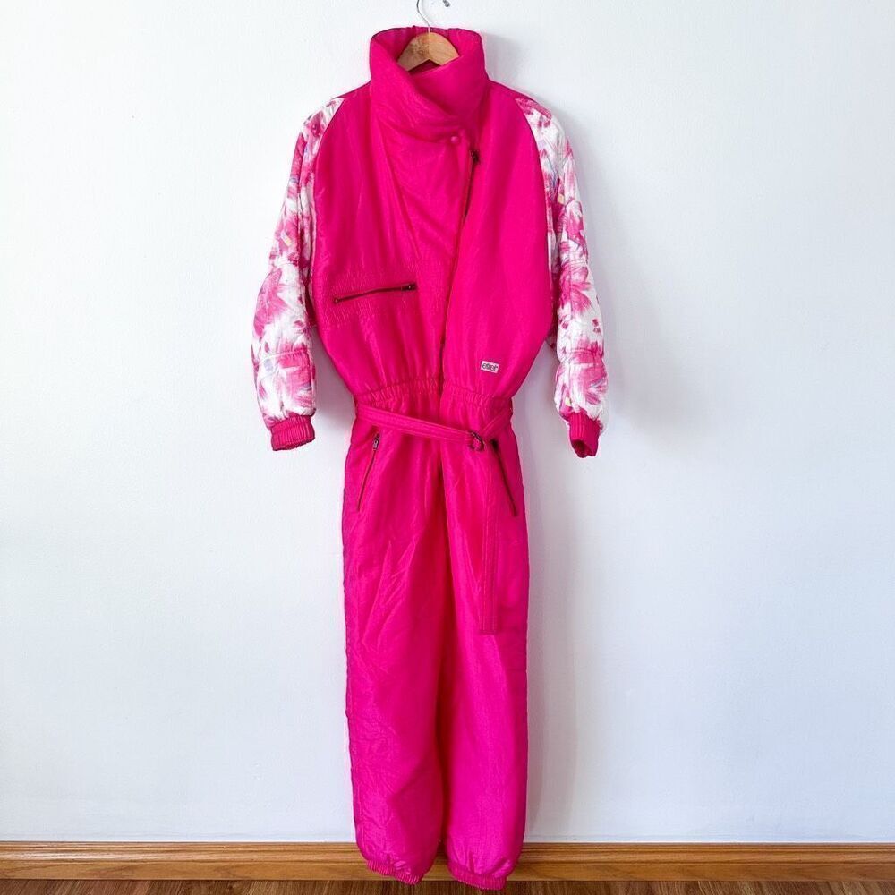 Etirel Vintage 1980s/90s Abstract Retro Pink Women’s Ski One Piece Snowsuit